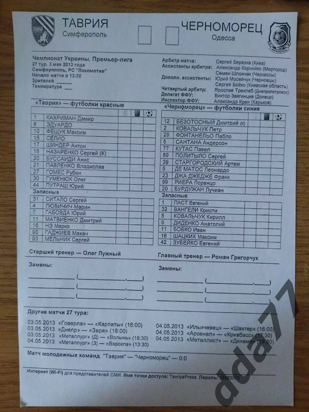 протокол, Таврия Симферополь - Черноморец Одесса 3.05.2013