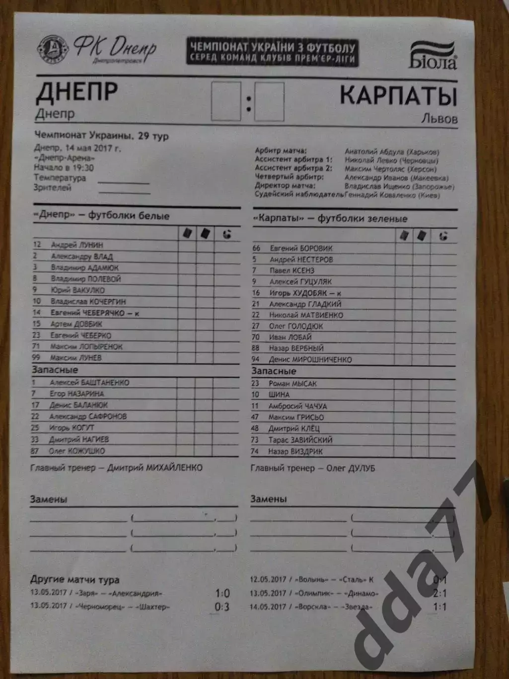 протокол, Днепр Днепр - Карпаты Львов 14.05.2017