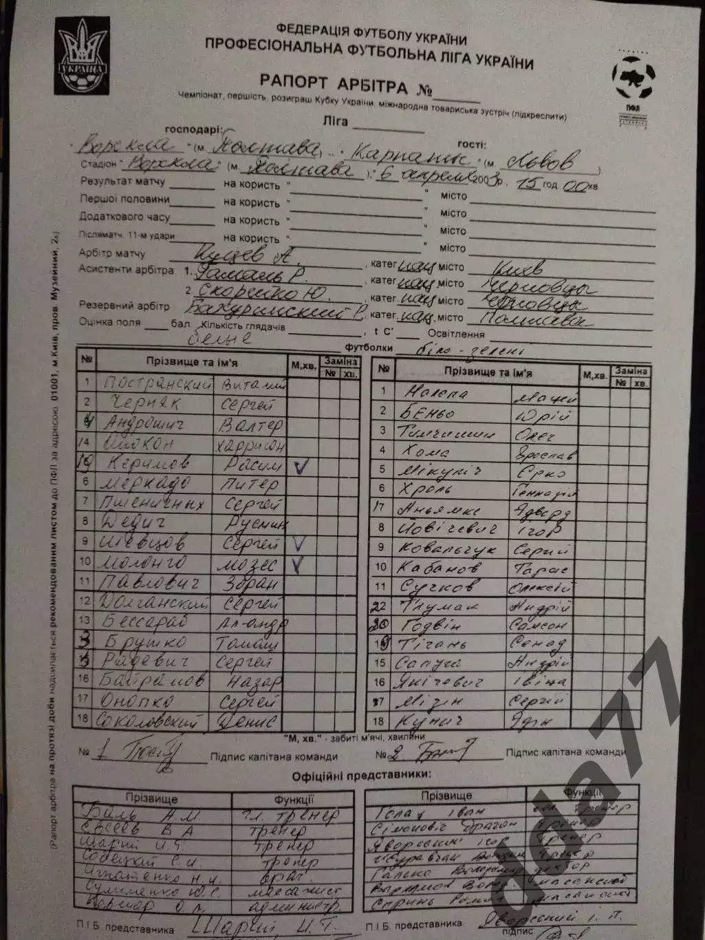 протокол,копия Ворскла Полтава - Карпати Львов 6.04.2003