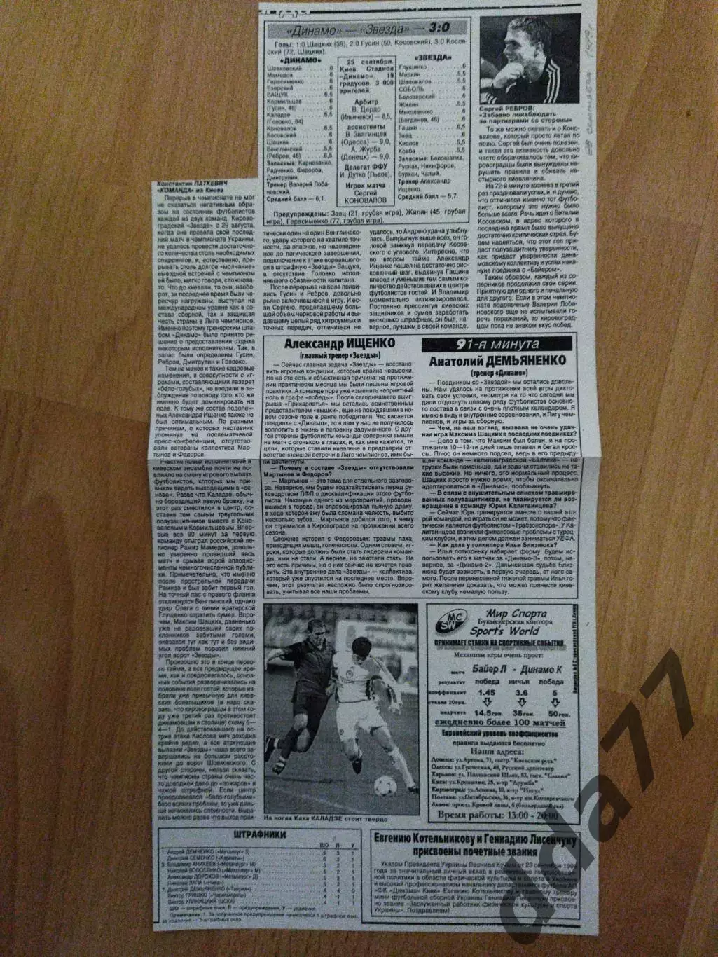 копия ,отчет с матча Динамо Киев - Звезда Кировоград 25.09.1999