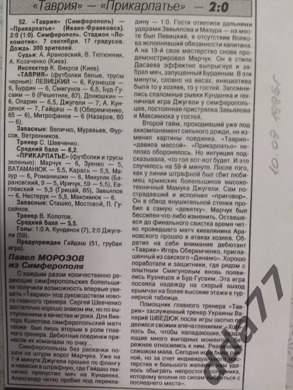 копия ,(7550) отчет с матча Таврия Симферополь - Прикарпатье И-Ф 7.09.1996
