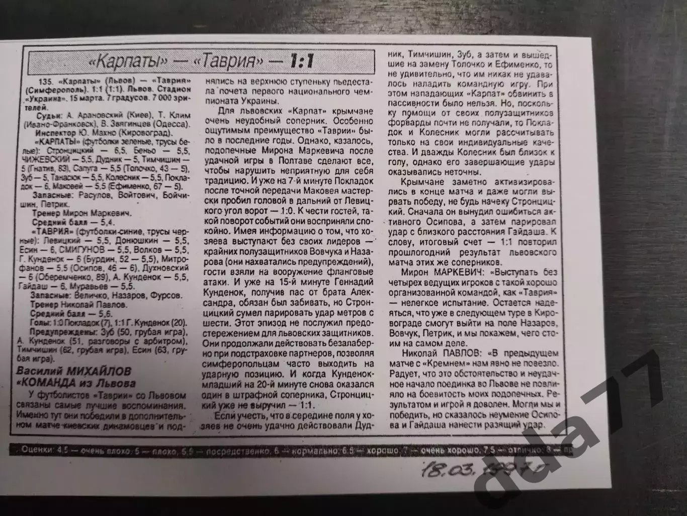 копия ,(7522) отчет с матча Карпаты Львов - Таврия Симферополь 18.03.1997