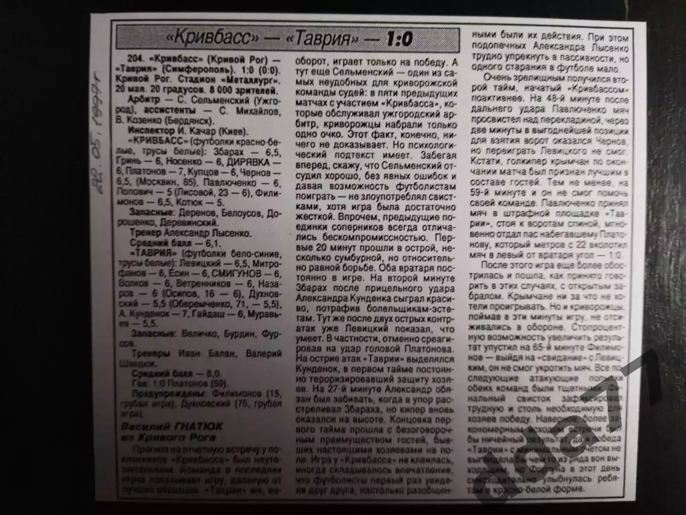 копия ,(7421) отчет с матча Кривбасс Кривой Рог - Таврия Симферополь 20.05.1997