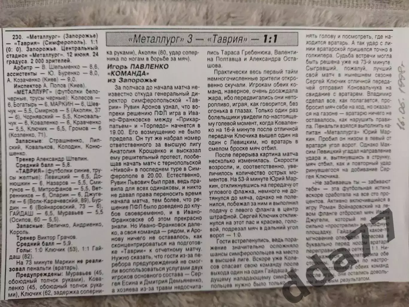 копия ,(7808) футбол, Металлург Запорожье - Таврия Симферополь 12.06.1998.