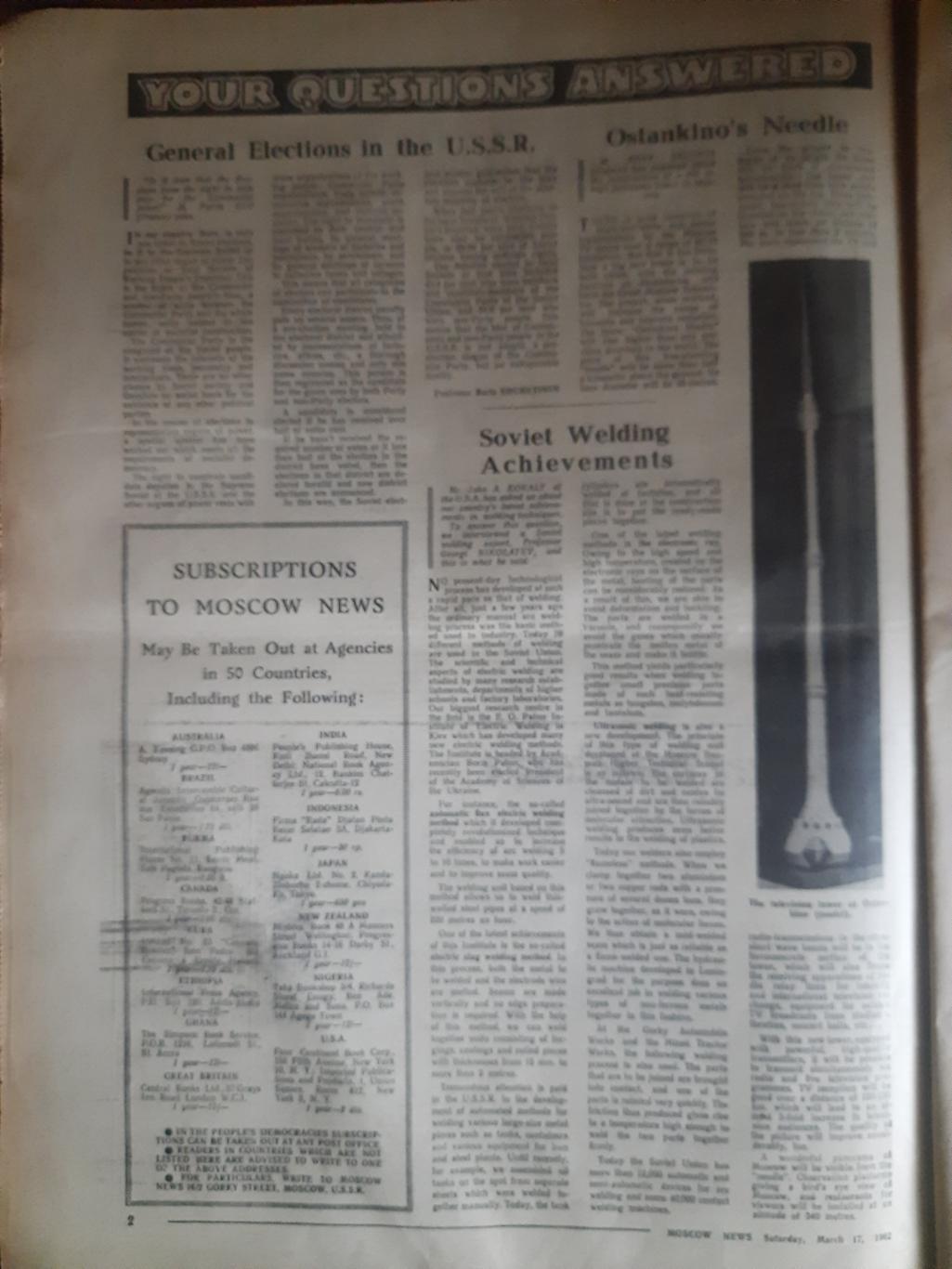 газета,moscow news/московские новости №11 (586) 17.03.1962 1