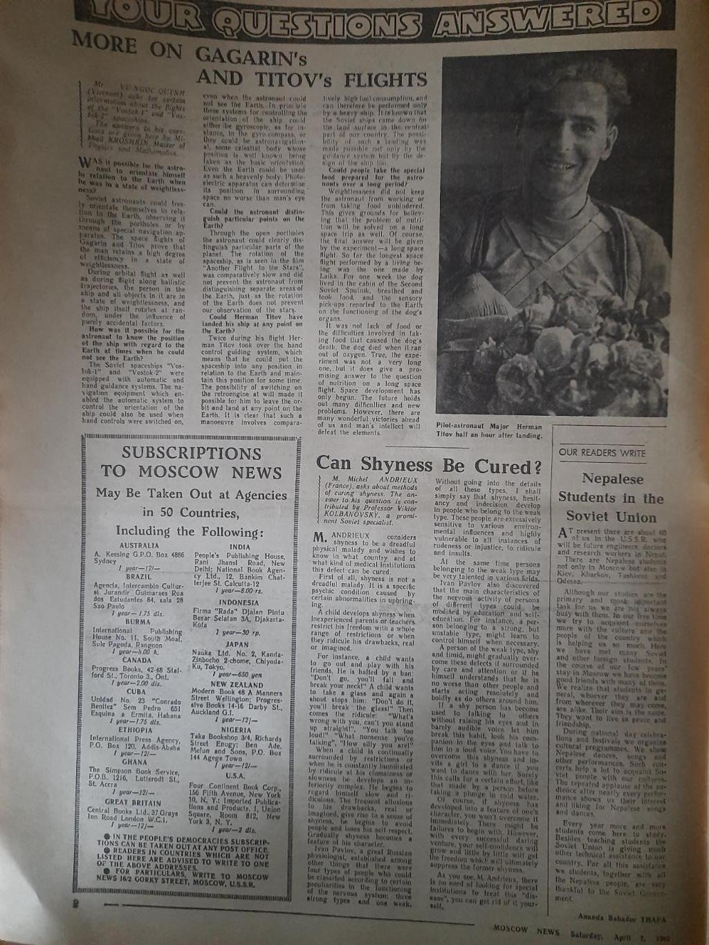газета,moscow news/московские новости №14 (589) 7.04.1962 1