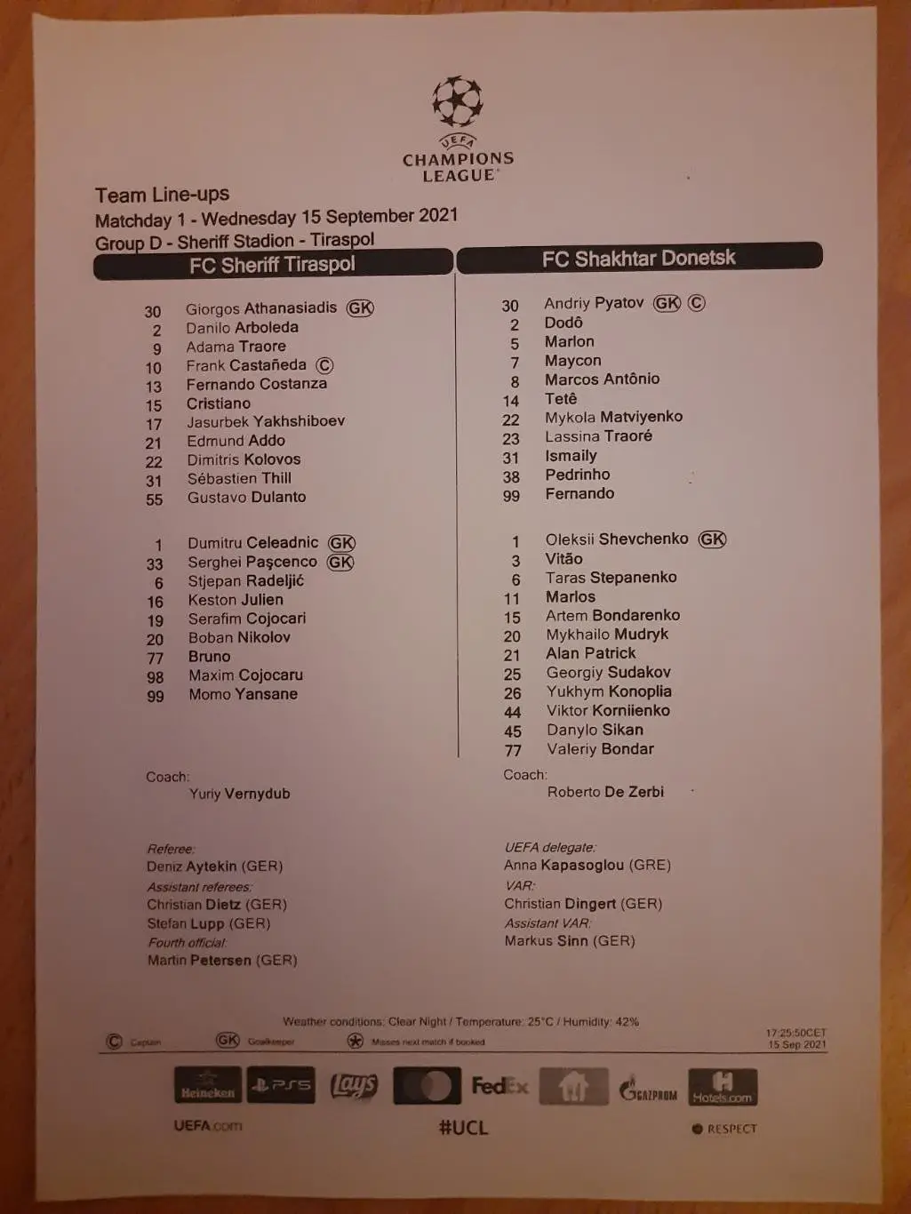 протокол,Шериф Тирасполь - Шахтер Донецк 15.09.2021