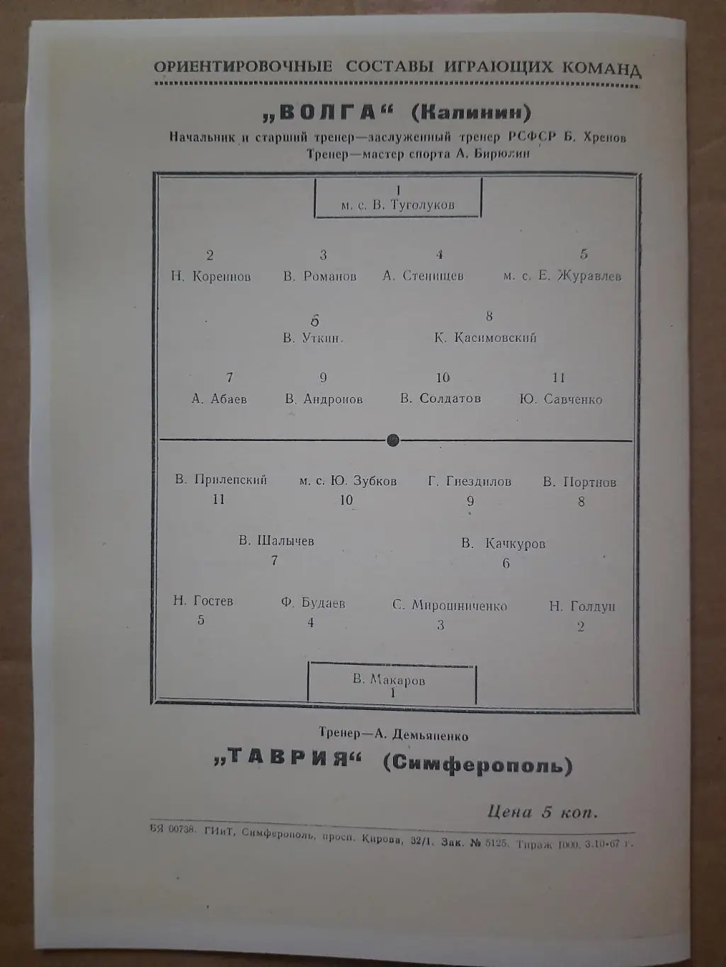 копия, Таврия Симферополь - Волга Калинин 8 10.1967 1