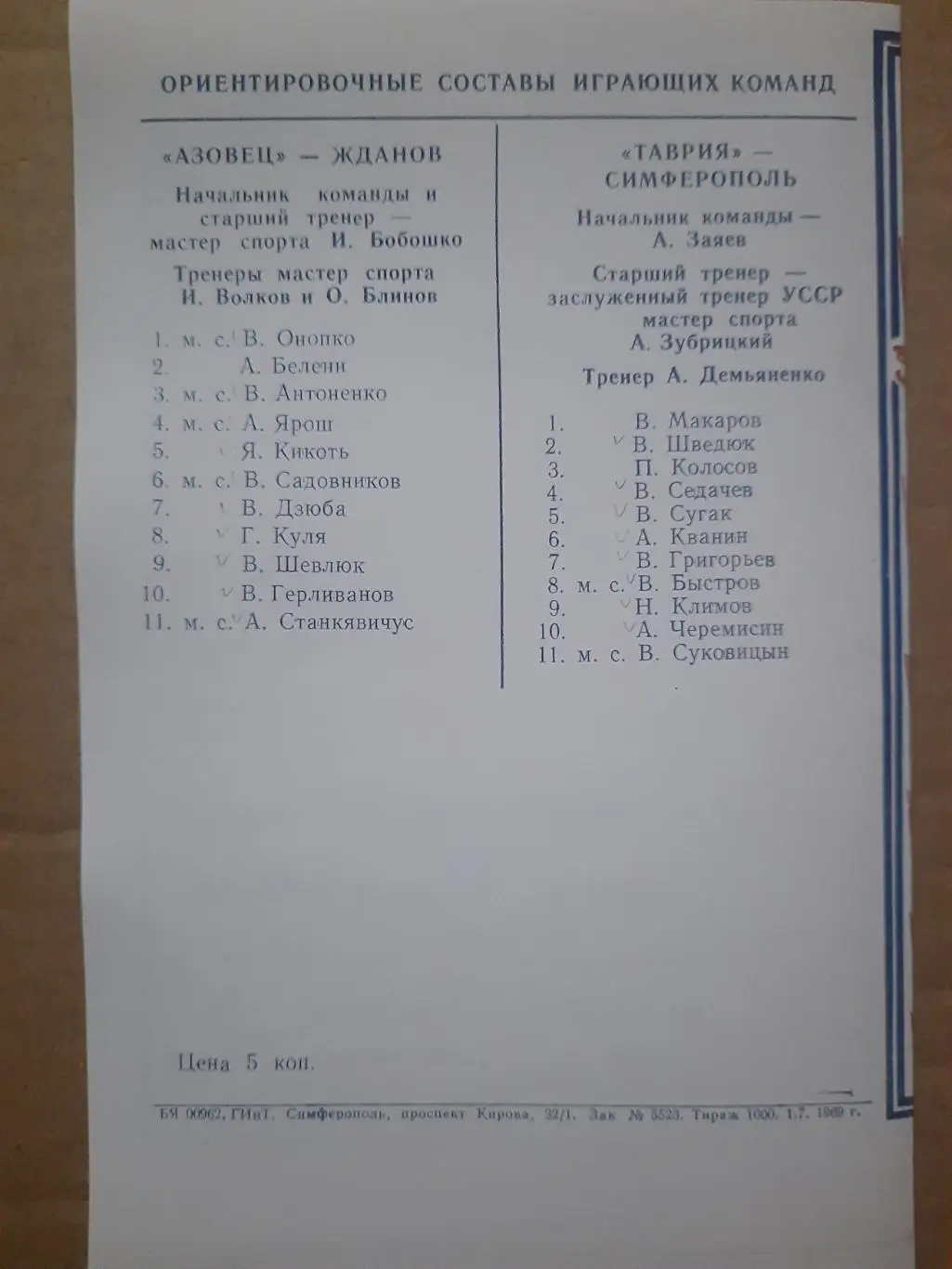 копия, Таврия Симферополь - Азовец Жданов 8.07.1969 1