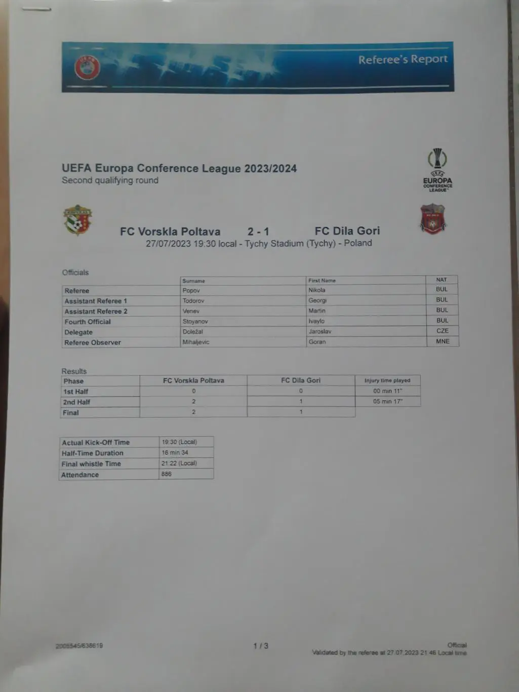 (5088) Referee's Report ,Ворскла Полтава,Украина - Дила Гори,Грузия 27.07.2023