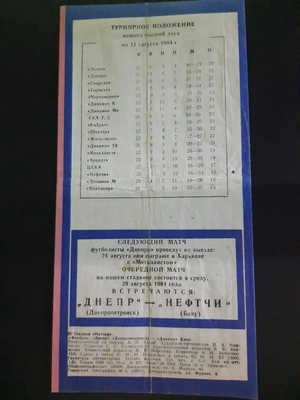 (180) Днепр Днепропетровск - Динамо Киев 11.08.1984 1