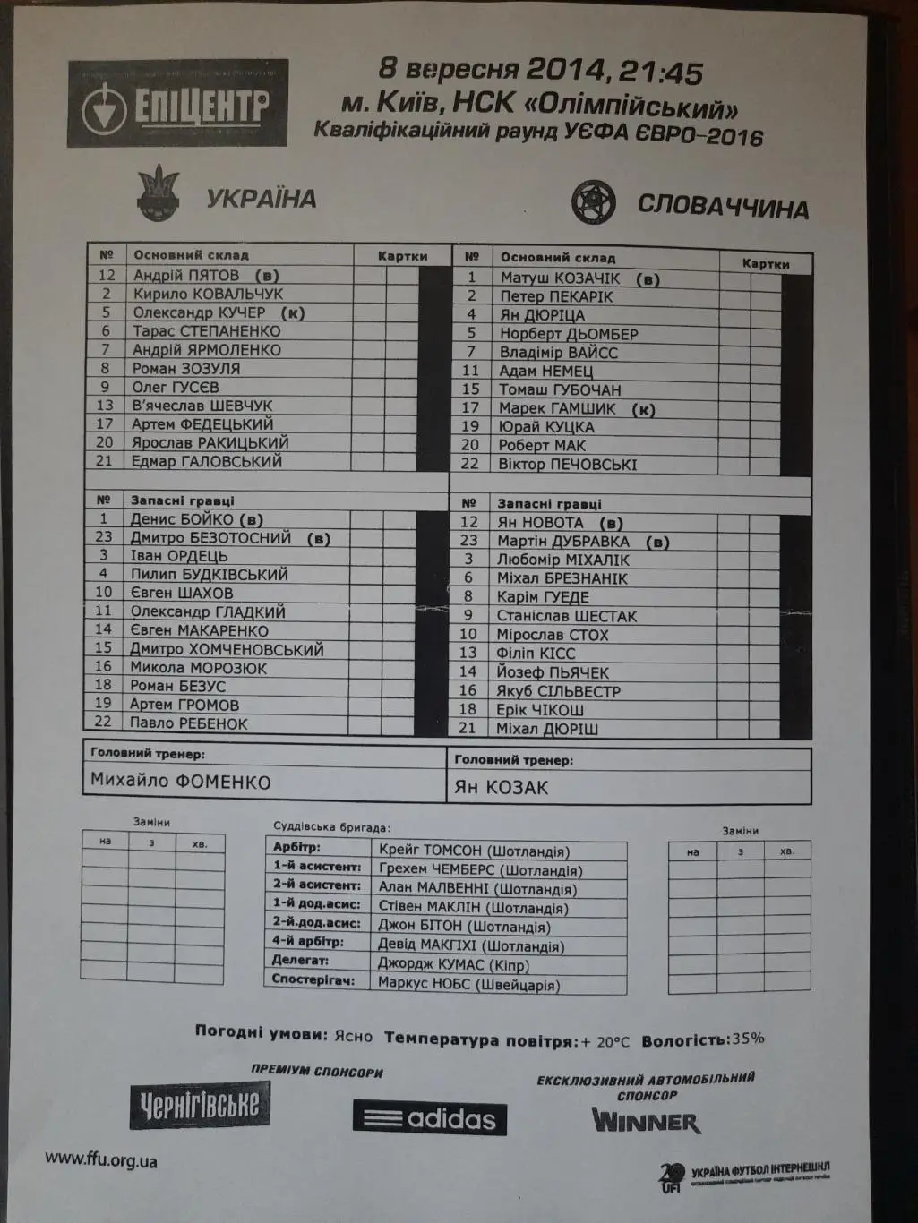 протокол, Украина - Словакия 8.09.2014