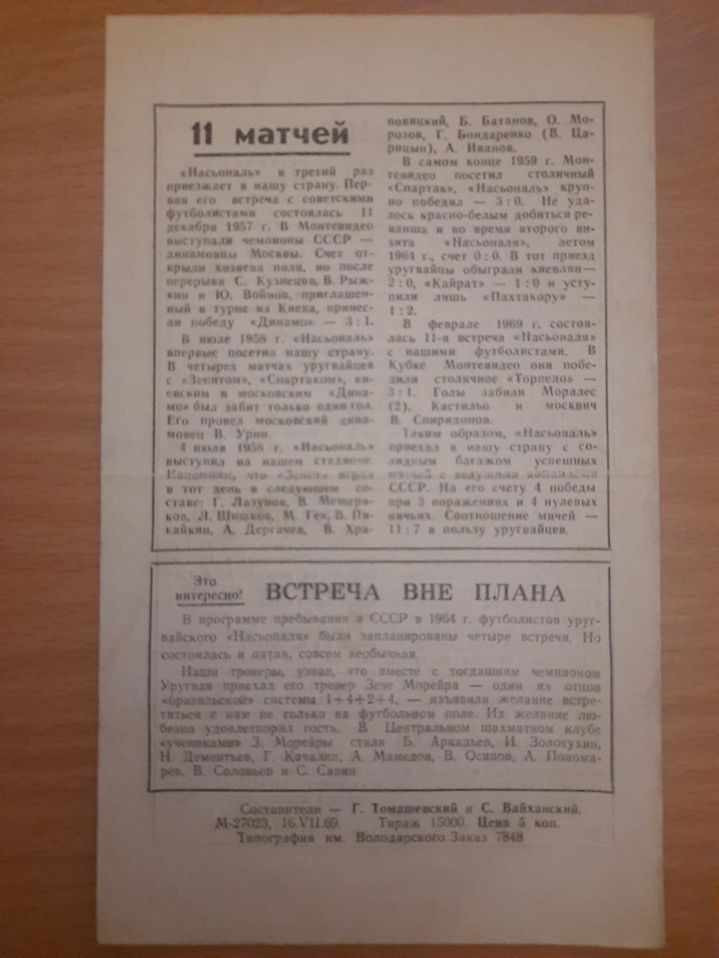 Насьональ Уругвай - Зенит Ленинград 19.07.1969,ТМ 1