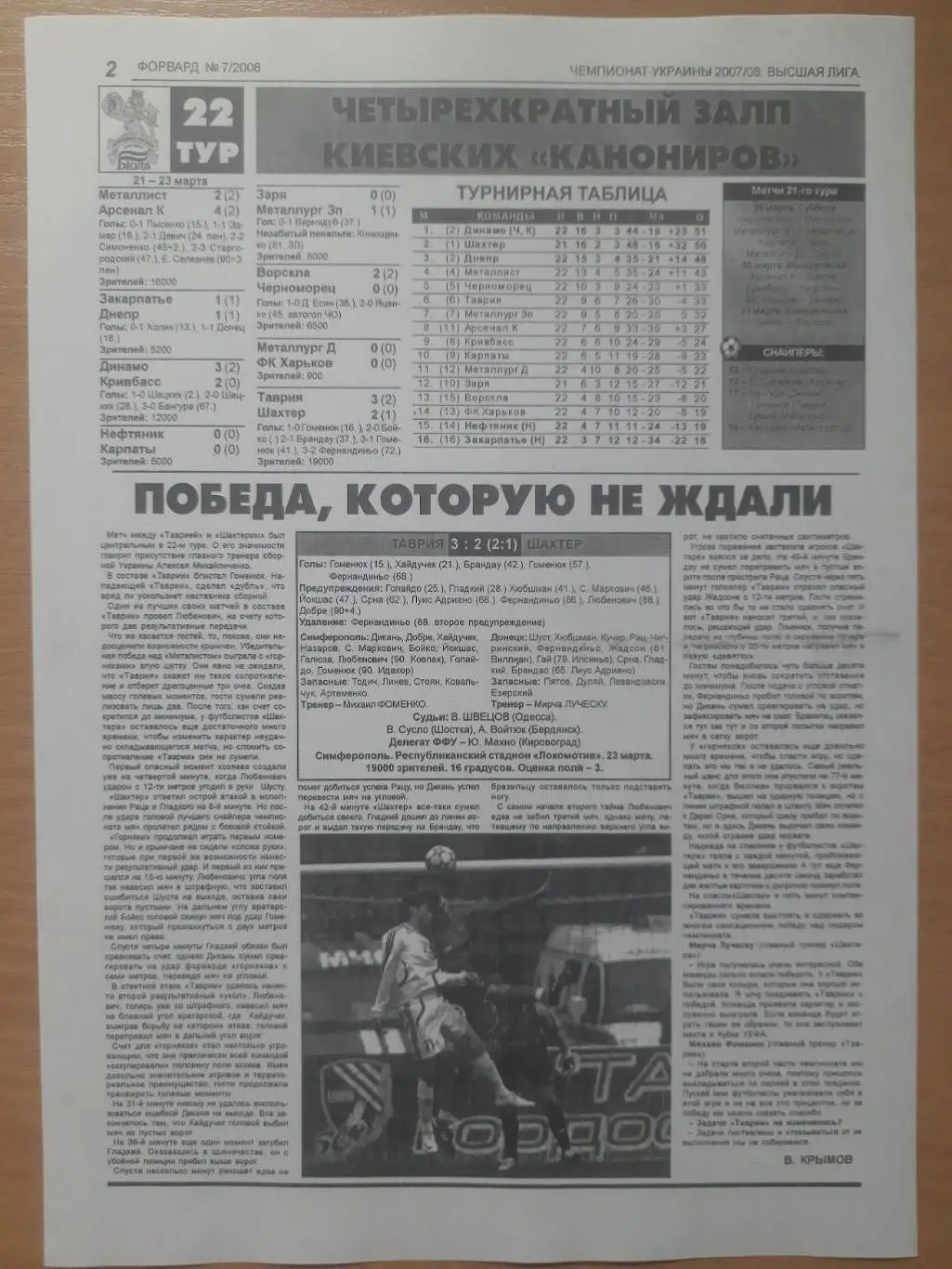 (5640) копия ,отчет с крым издания Таврия Симферополь-Шахтер Донецк 23.03.2008