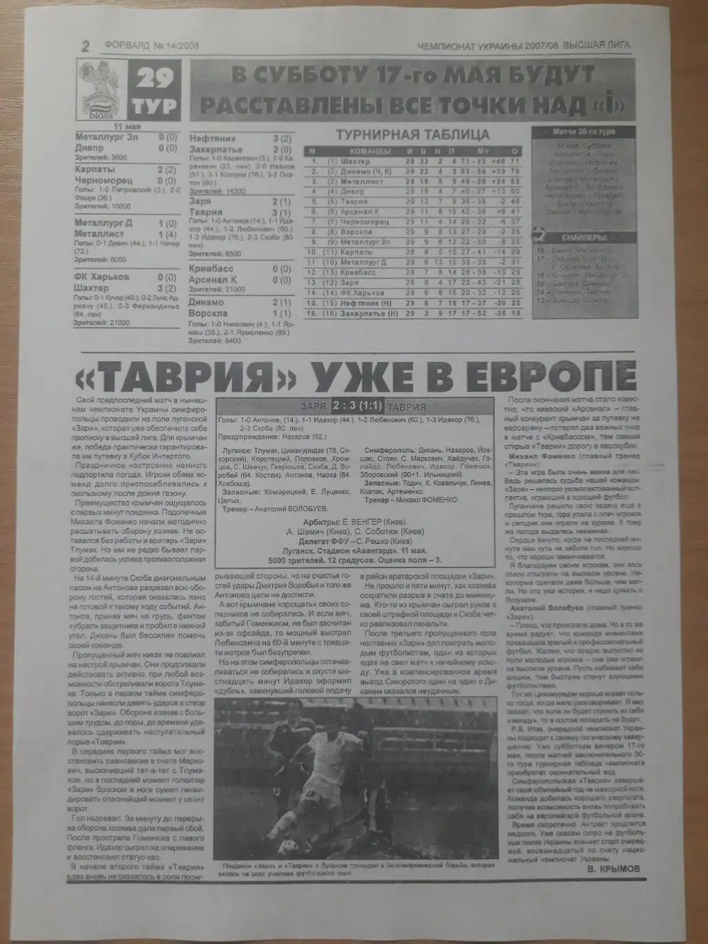 (5624) копия ,отчет с крым издания Заря Луганск - Таврия Симферополь 11.05.2008