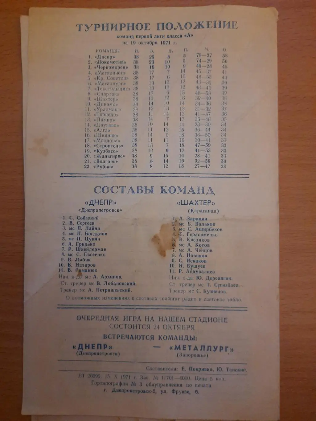 (873) Днепр Днепропетровск - Шахтер Караганда 19.10.1971 1