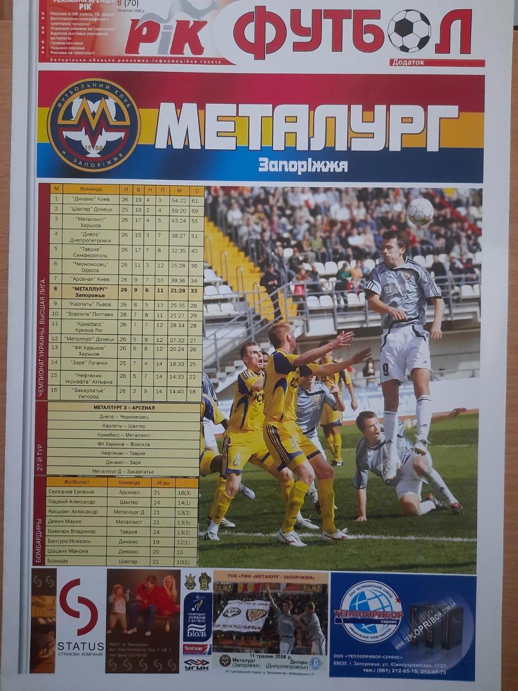 газета Рик футбол №8 26.04.2008 Металлург Запорожье.