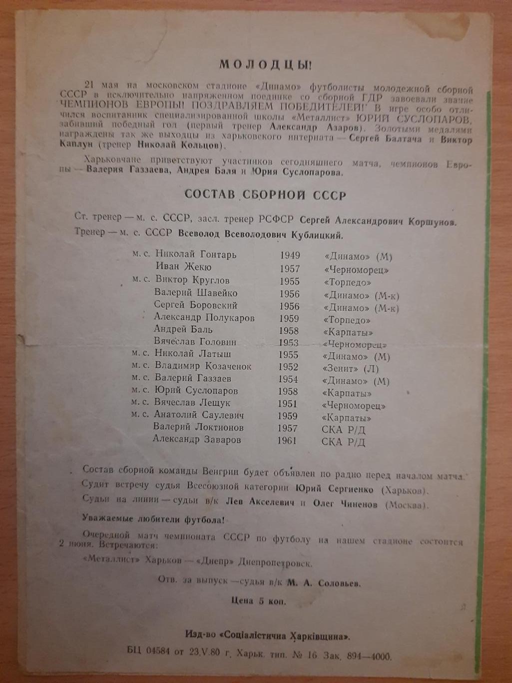 Венгрия 2 - СССР 2 30.05.1980 1