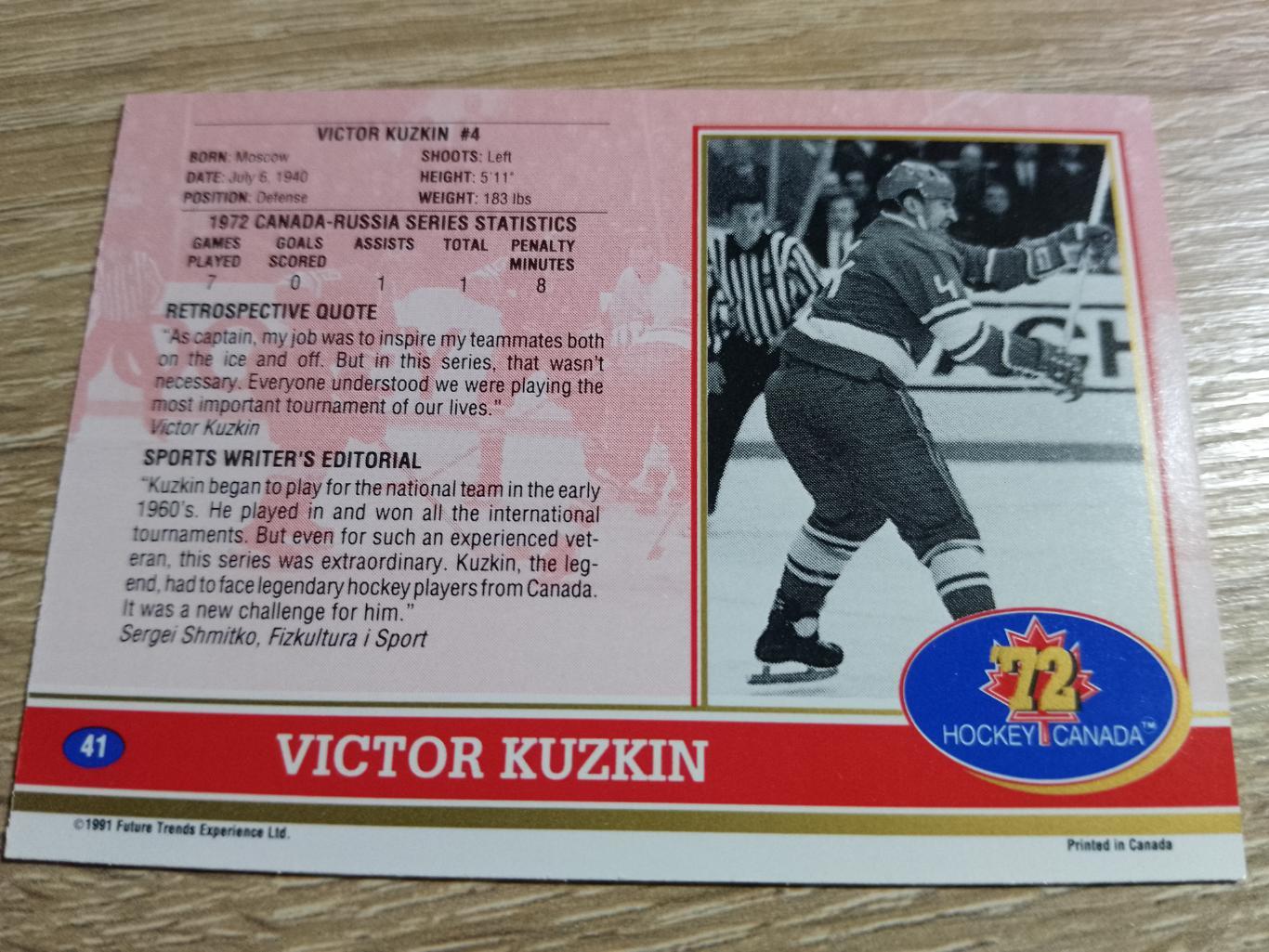 карточка Суперсерия 1972/Hockey Canada 72. №41 Victor Kuzkin/Виктор Кузькин. 1