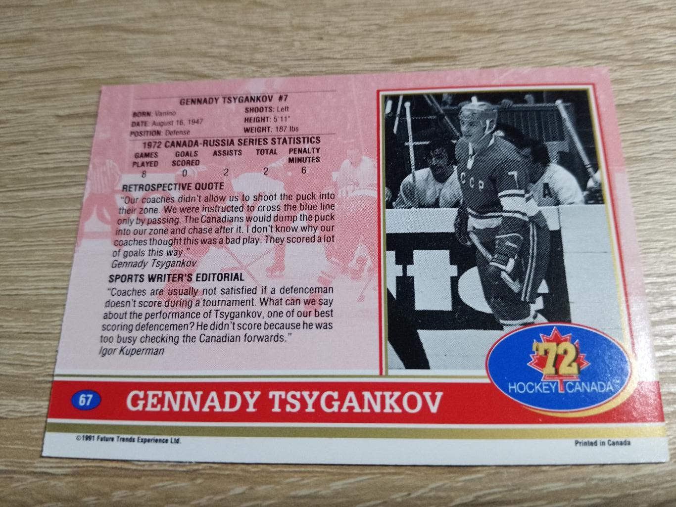 карточка Суперсерия 1972/Hockey Canada 72. №67 Gennady Tsygankov/Г.Циганков. 1