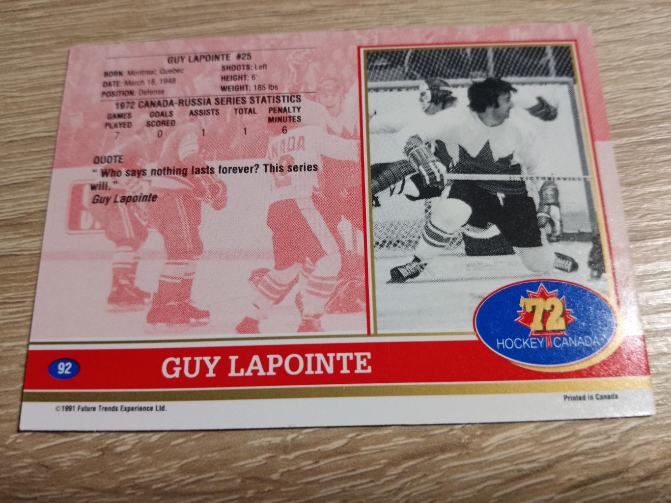 карточка Суперсерия 1972/Hockey Canada 72. №92 Guy Lapointe/Ги Лапуэнт. 1