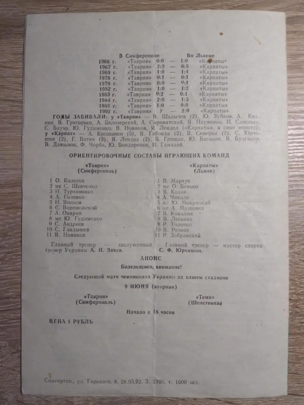 (2234) Карпаты Львов - Таврия Симферополь 6.06.1992 1