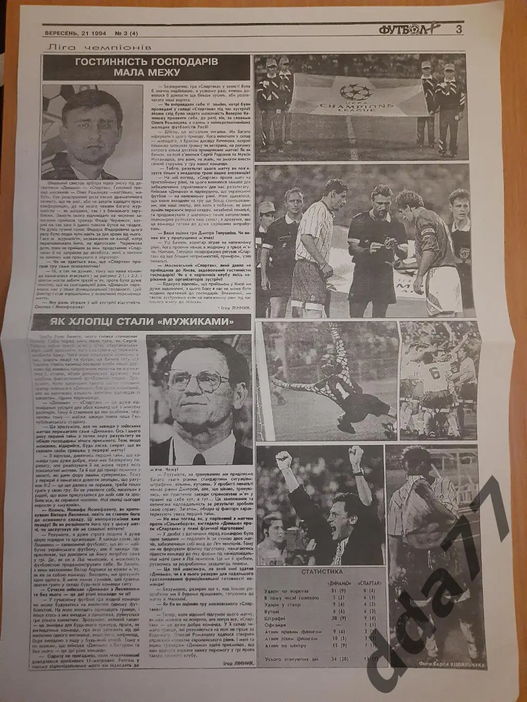копия,футбол.Послесловие к матчу КЧ Динамо Киев-Спартак Москва 1994