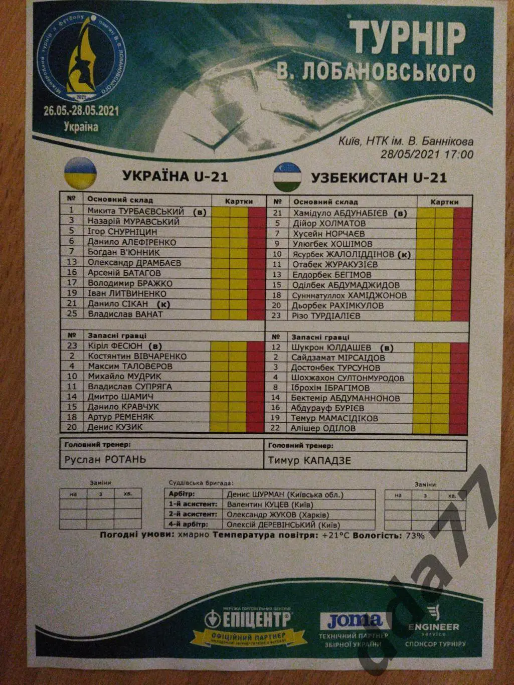 Турнир памяти В.В.Лобановского 2021, Украина - Узбекистан 28.05.2021