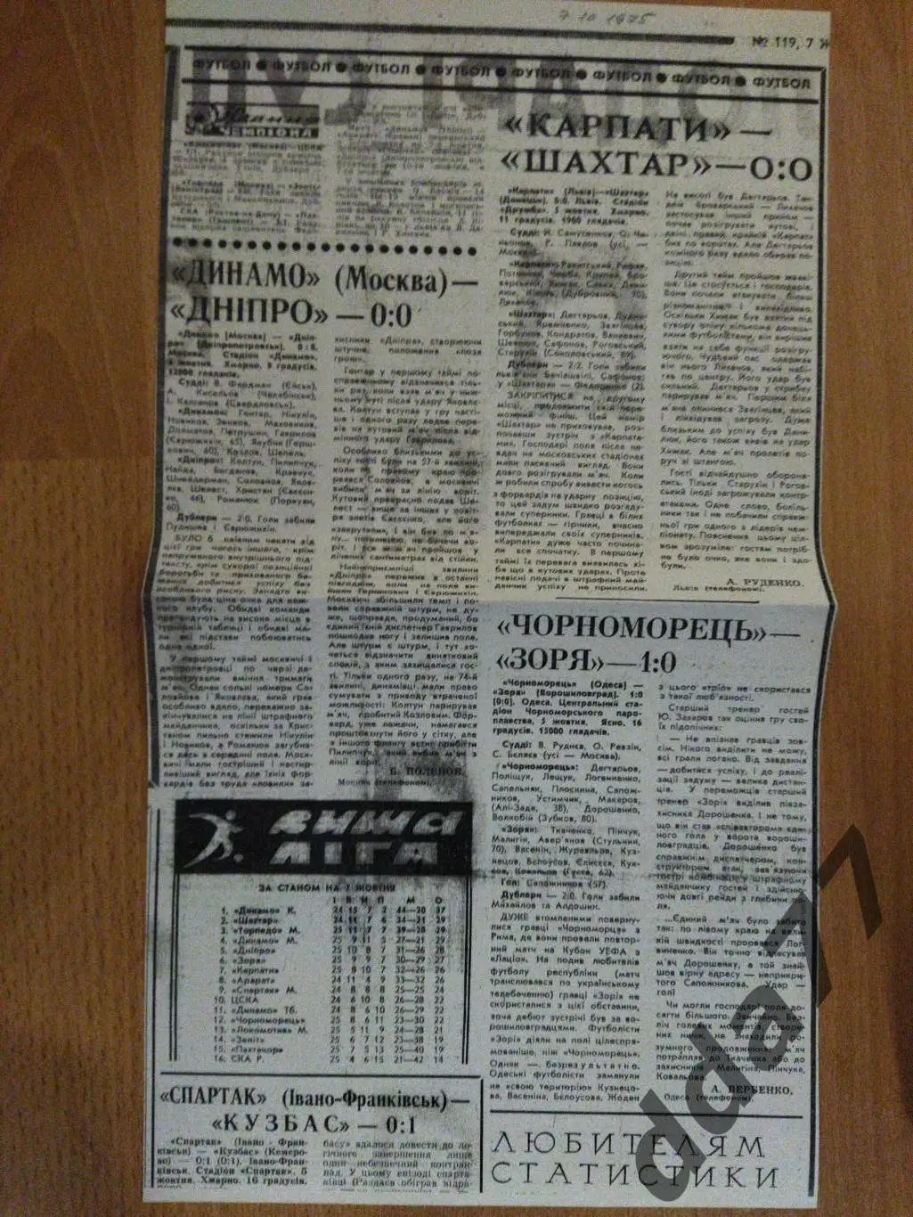 (4350) копия,Спортивна газета 7.10.1975 Динамо М - Днепр, Карпаты -Шахтер и др