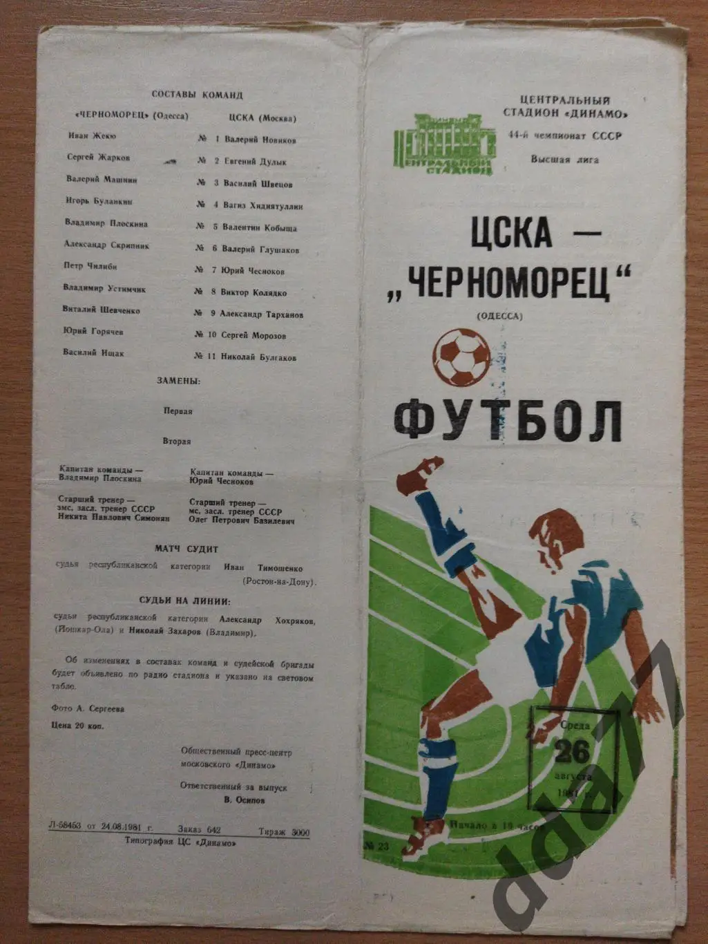 (278) ЦСКА Москва - Черноморец Одесса 26.08.1981