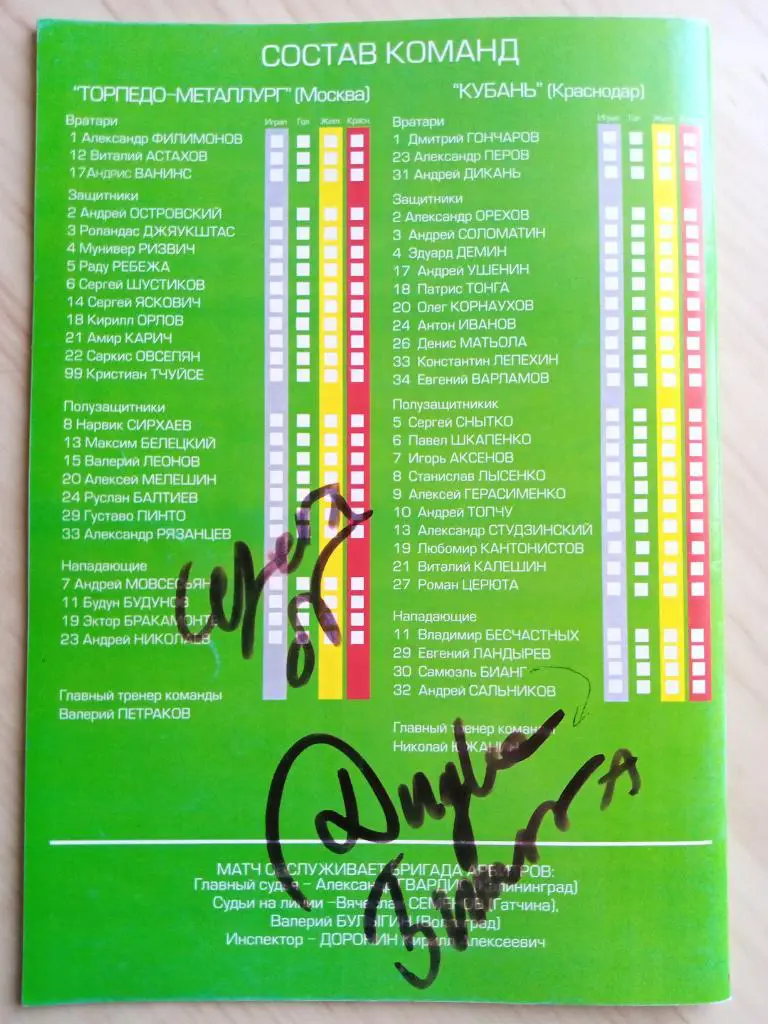 Программа Торпедо-Металлург - Кубань с автографами С. Шустикова (ст) и Бианг 1