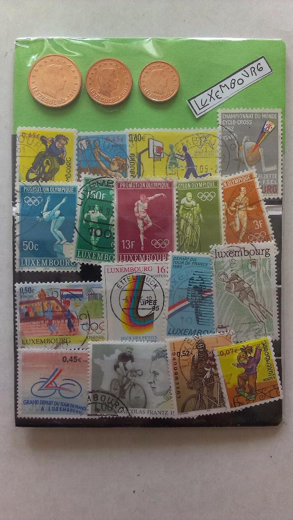 Набор из Люксембурга: марки по теме Спорт (17 шт.), 3 монеты, открытка и стикер