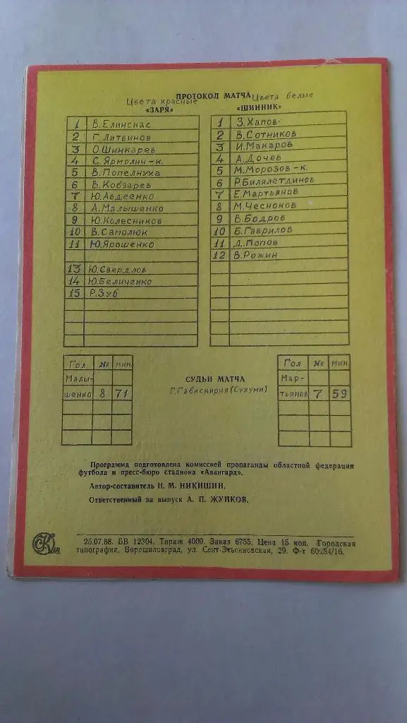 Заря (Ворошиловград) - Шинник (Ярославль) - 1988 - 1 лига 1