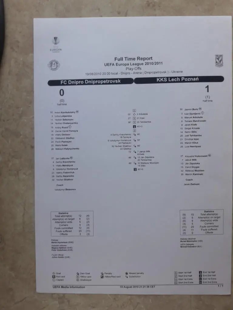 Днепр (Днепропетровск) - Лех (Польша) 19.08.2010 протокол + пресс кит. 3