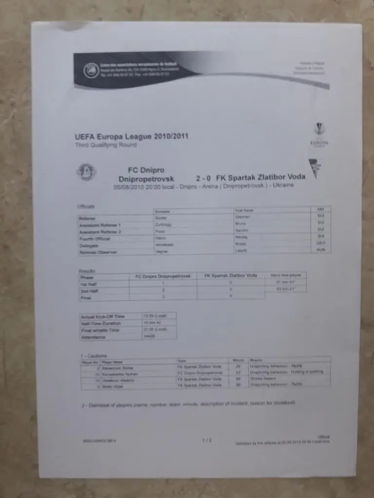 Днепр (Днепропетровск) - Спартак Златибор (Сербия) 05.08.2010 протокол. 1