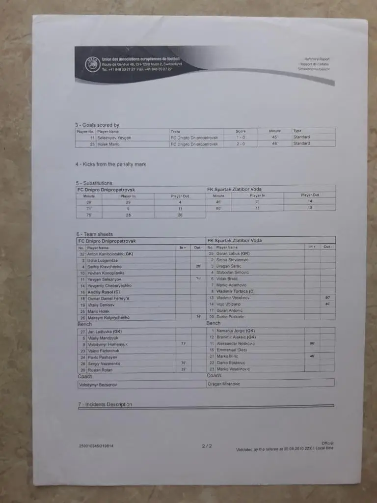 Днепр (Днепропетровск) - Спартак Златибор (Сербия) 05.08.2010 протокол. 2