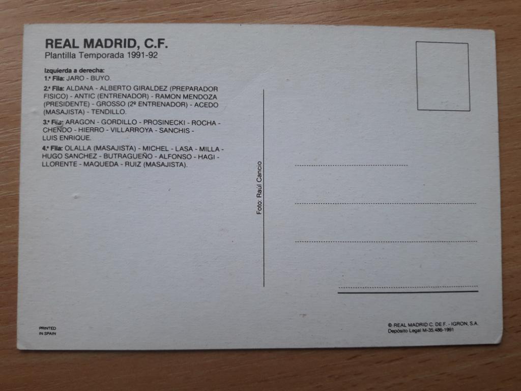 Карточка/открытка Реал Мадрид (Испания) 1991-92. 2