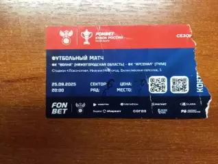 Билет с матча Волна Нижний Новгород - Арсенал Тула 2025/2026 год кубок России