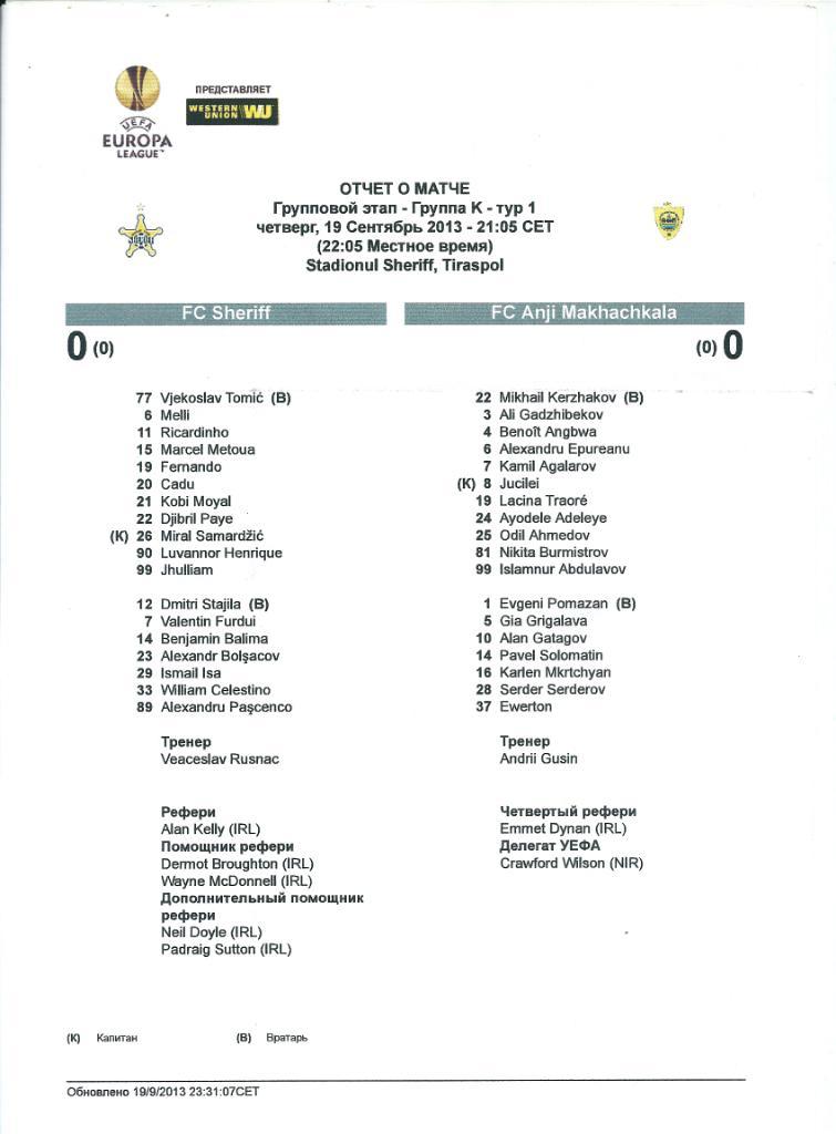 Отчет о матче Шериф Молдова - Анжи Махачкала 19.09.2013 год Лига Европы