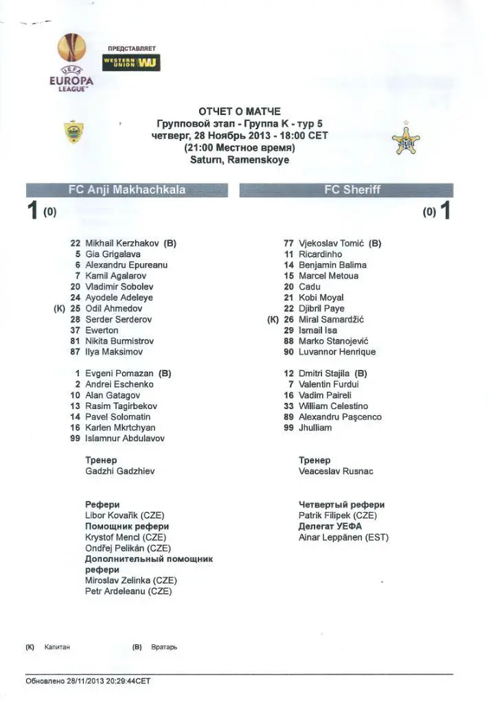 Отчет о матче Анжи Махачкала - Шериф Молдова 28.11.2013 год Лига Европы