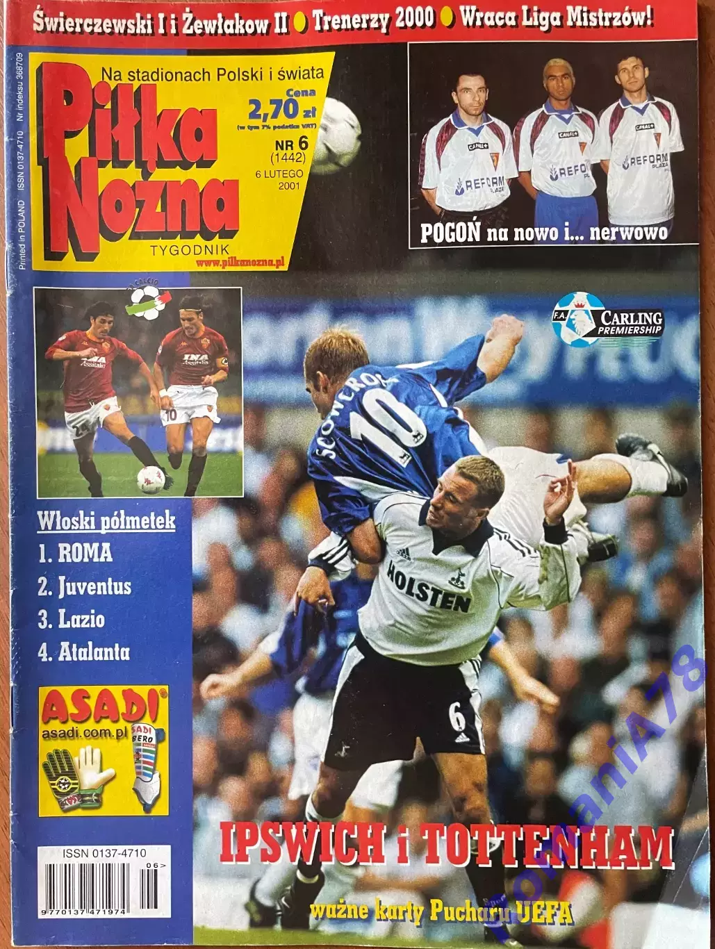 Журнал. Футбол Poster Pilka Nozna N6/2001.Постер Тотті,Спартак,Армстронг.