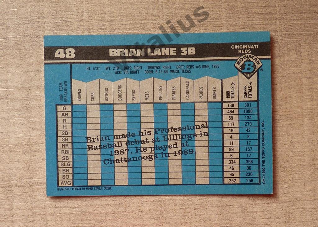 Бейсбольная карточка № 48 Brian Lane 1990 год раритет! 1
