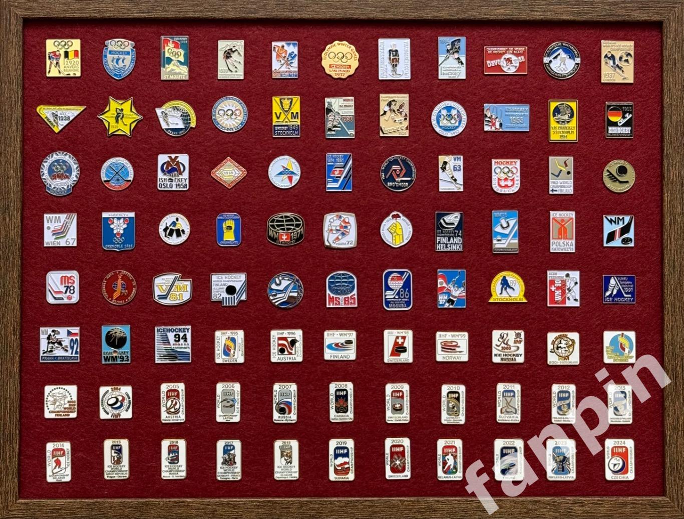Подарочный набор значков Все чемпионаты мира по хоккею с шайбой 1920-2024-88шт
