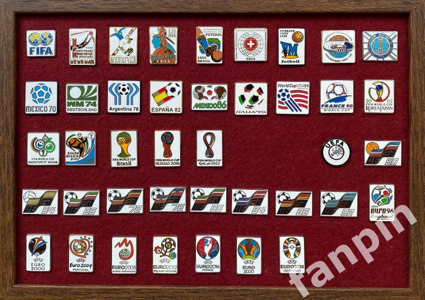 Подарочный набор значков Все чемпионаты мира и Европы по футболу 1930-2024 41ш