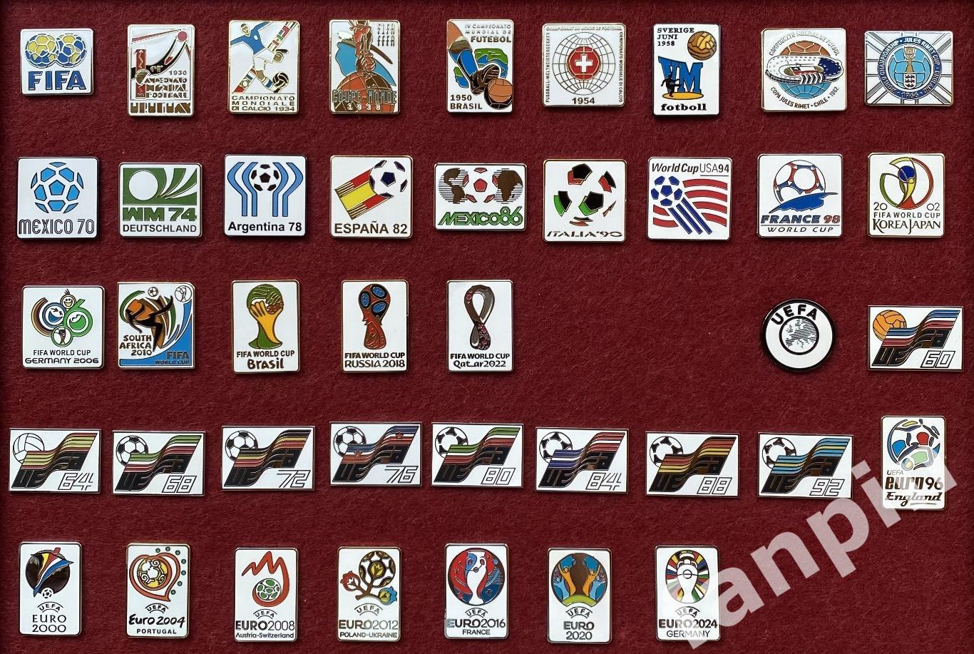 Набор значков Все чемпионаты мира и Европы по футболу 1930-2024 из 41 значка