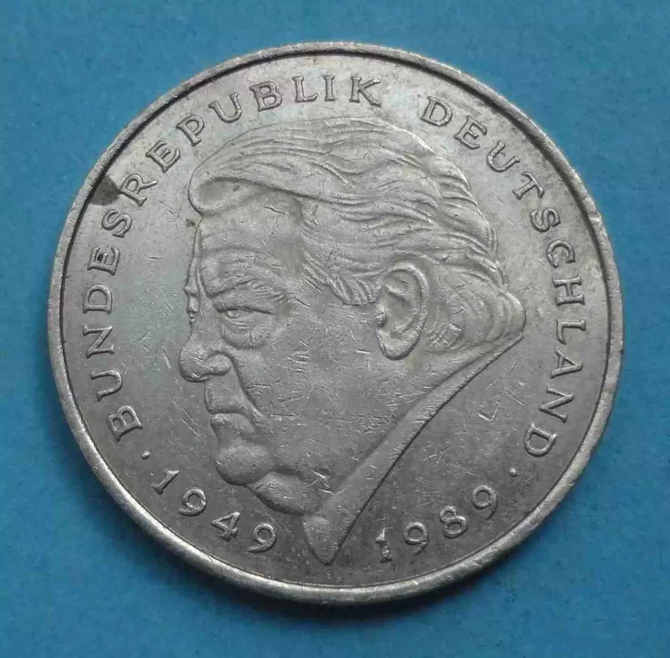 2 марки Германия 1991 года J Франц Йозеф Штраус 40 лет ФРГ (70)