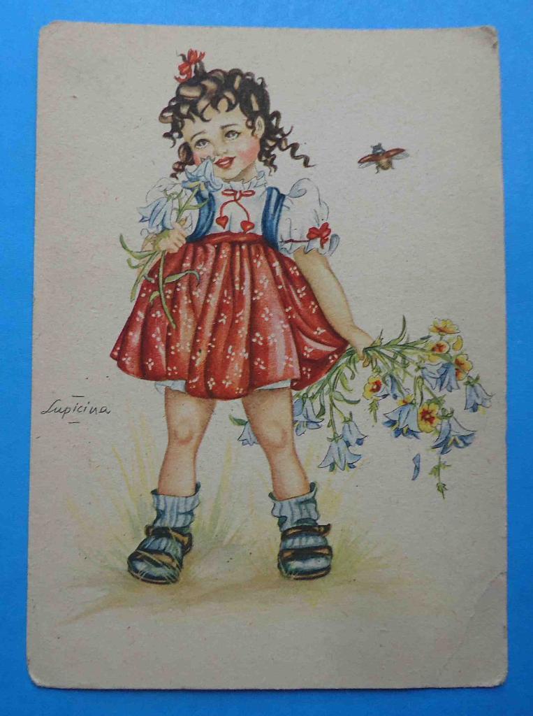Открытка Германия 40-50 года Девочка с цветами