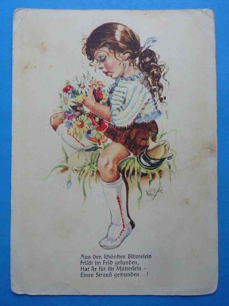 Открытка Германия 40-50 года Девочка с цветами 2