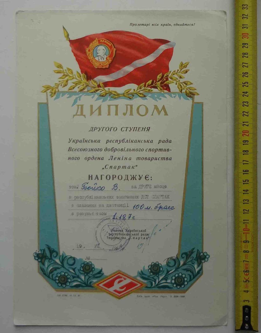 Диплом 2 степени Украинский республиканский совет ДСО Спартак 1964 плавание (11)