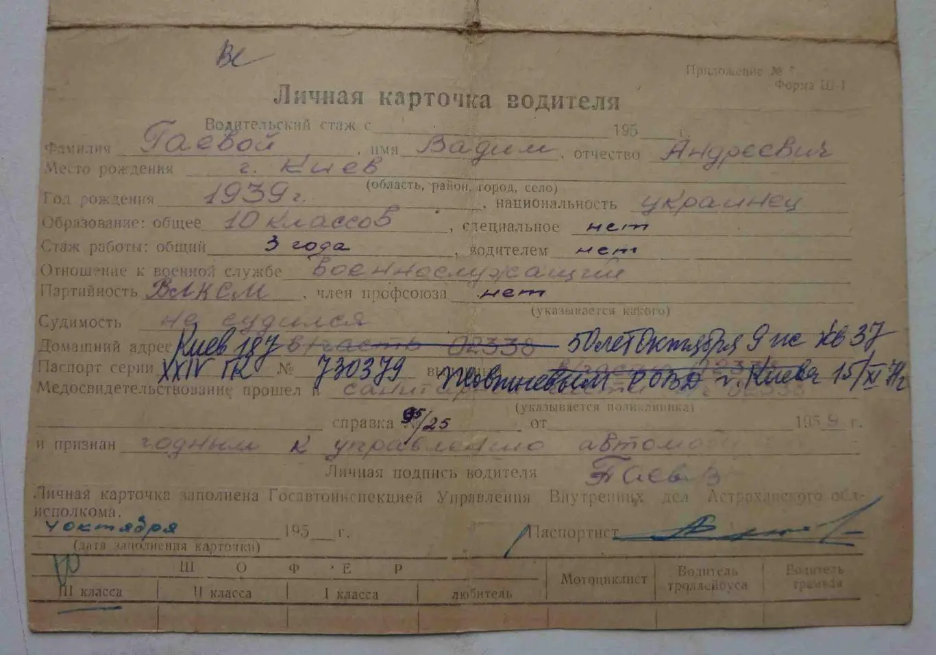 Личная карточка водителя 1959 Киев (21) 1